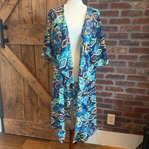 LuLaRoe Kimono Boho Duster Blue Geometric Aztec Print Size Medium Coverup